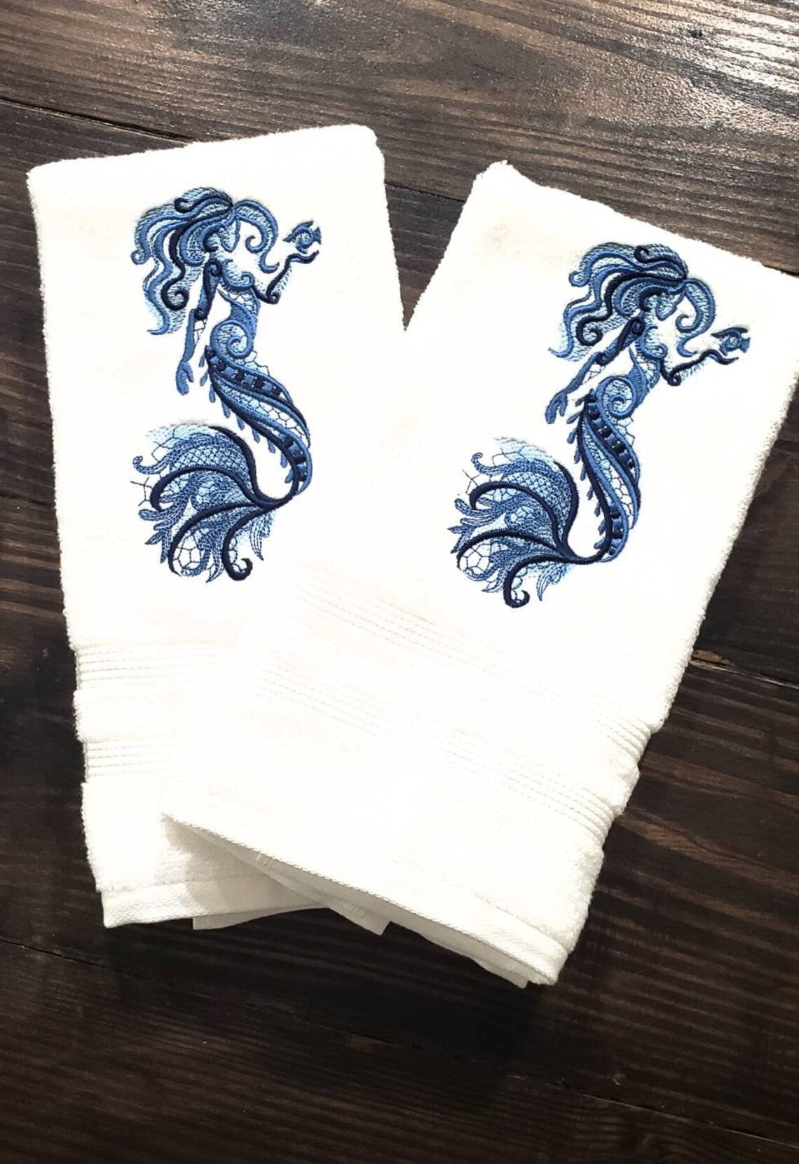 Set of Blue Embroidered Mermaid Towels