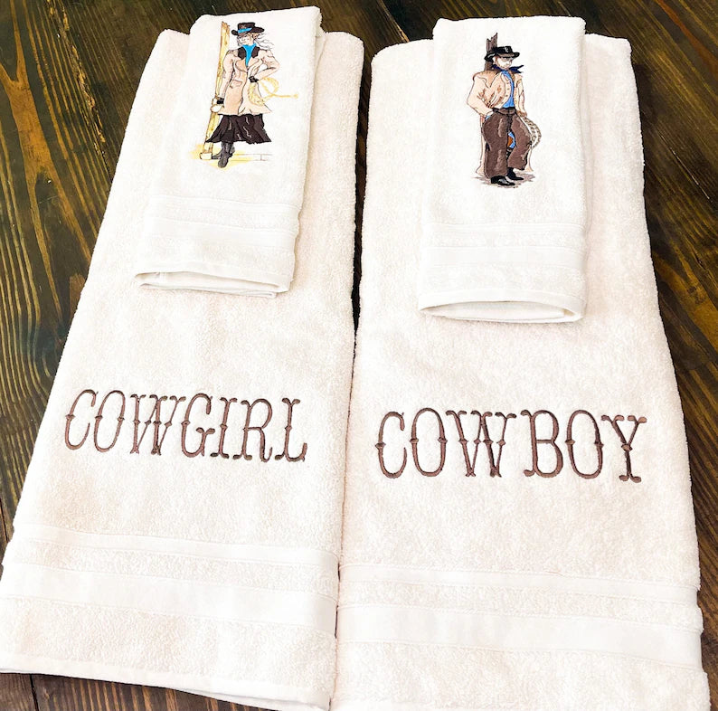 Set of Highland Cowboy & Cowgirl Embroidered Towels