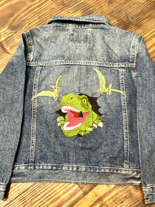 Embroidered Dinosaur Ripping Jean Jacket