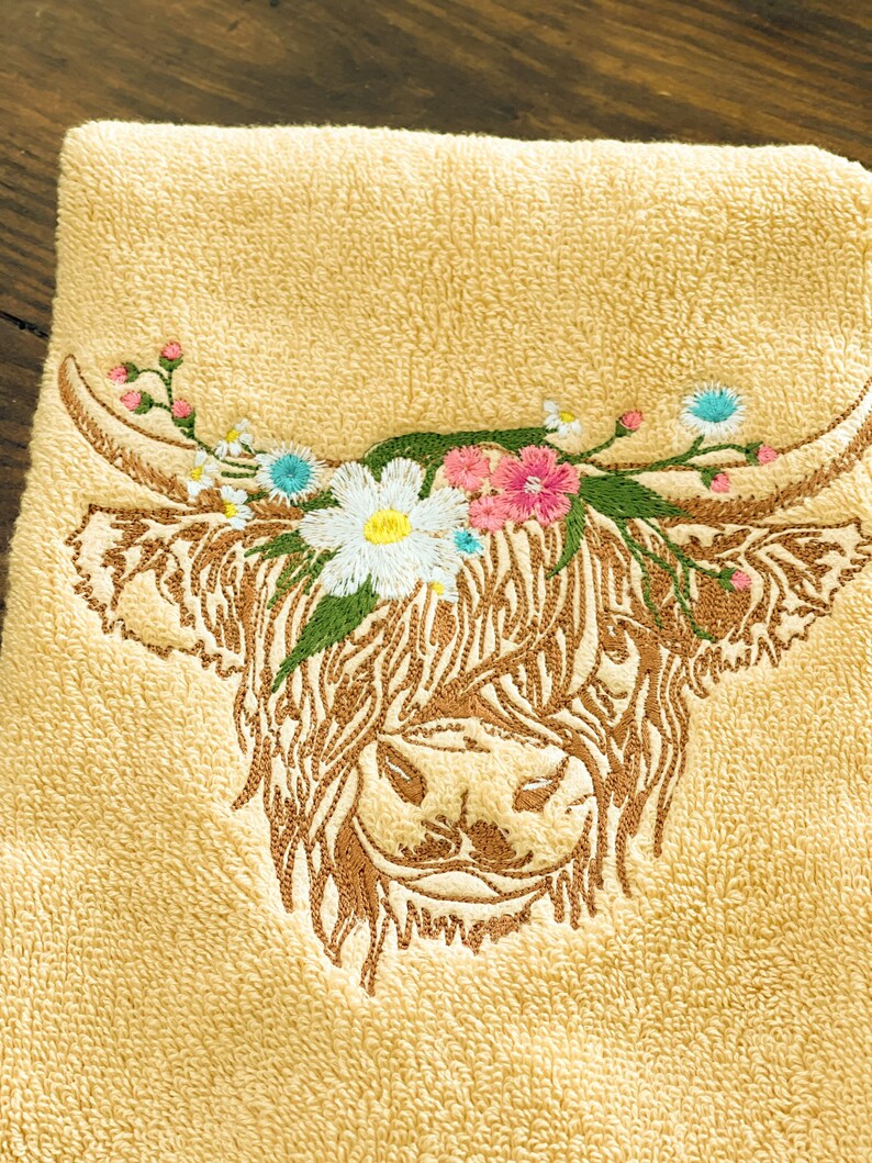 Set of Flower Highland Cow Embroidered Towels