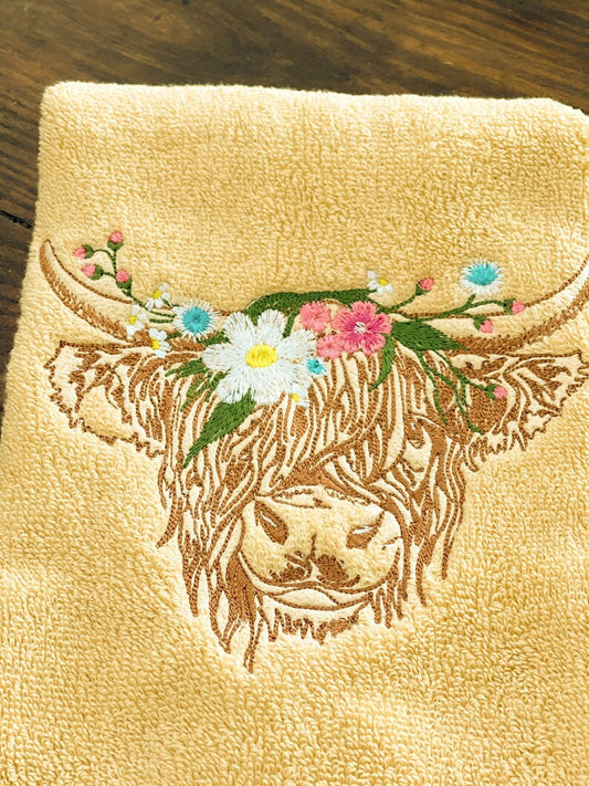 Set of Flower Highland Cow Embroidered Towels