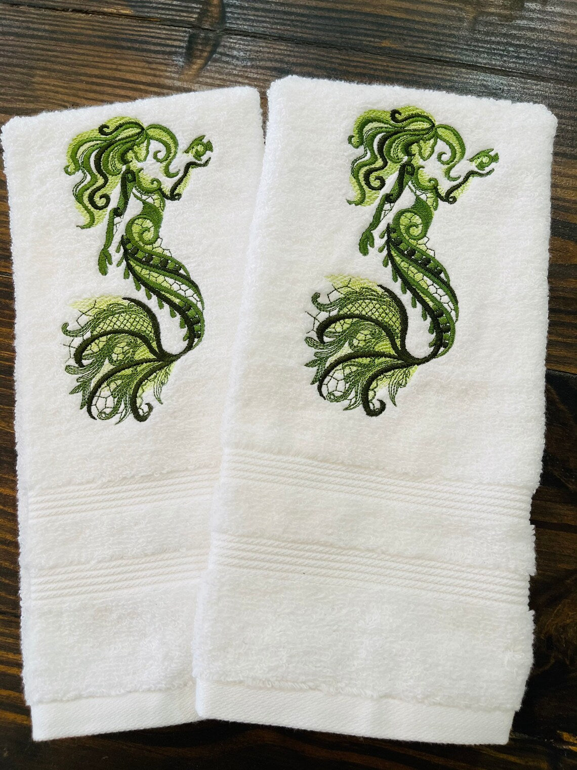 Set of Green Embroidered Mermaid Towels