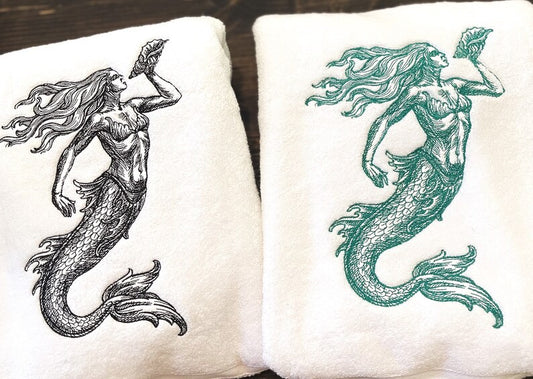 Set of Large Embroidered Mermaid Towels