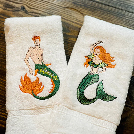 Set of Mermaid and Meman Embroidered Mermaid Towels