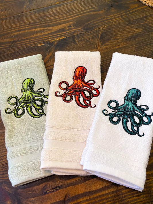 Set of Octopus Embroidered Octopus Towels