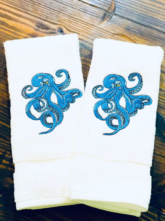 Set of Blue Embroidered Octopus Towels