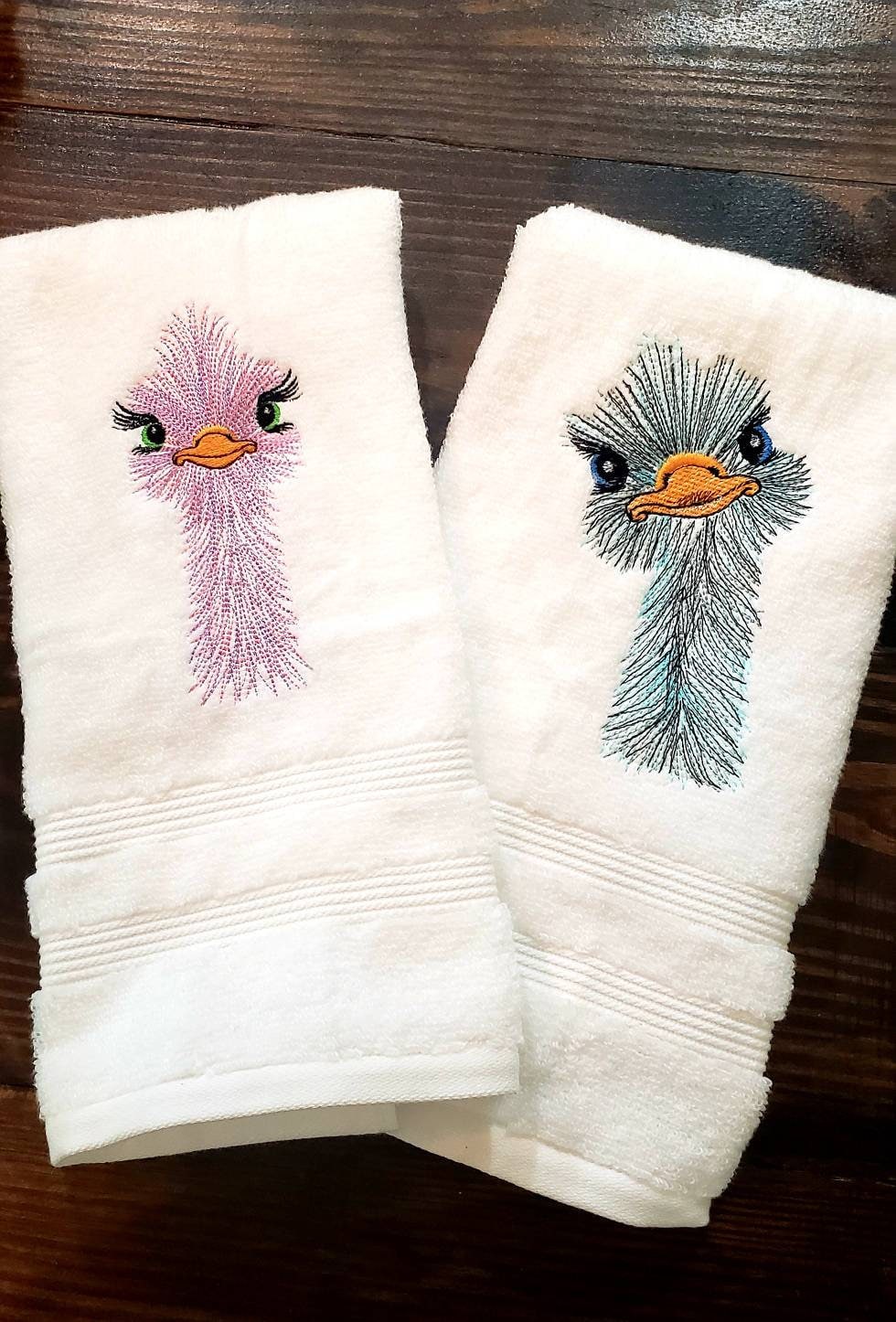 Set of Ostrich Embroidered Hand Towels