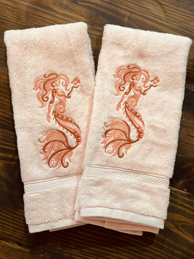 Set of peach Embroidered Mermaid Towels