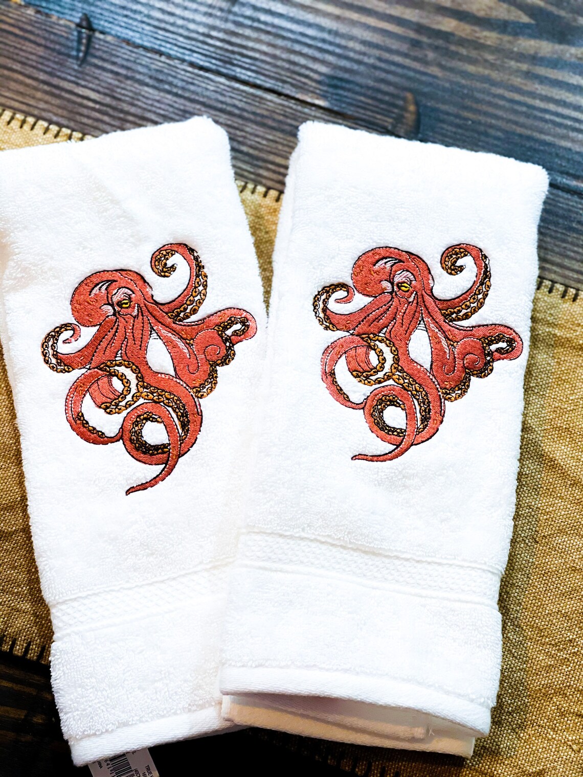 Set of Orange Embroidered Octopus Towels