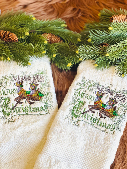 Set of Merry Christmas Reindeer Towels