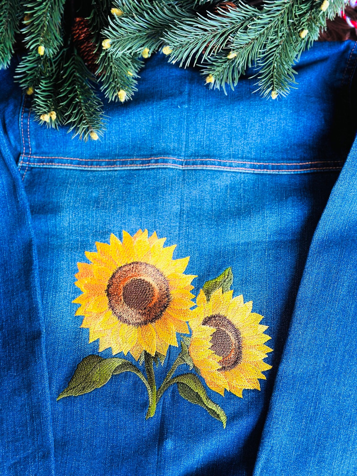 Embroidered Sunflower Blue Jean Jacket