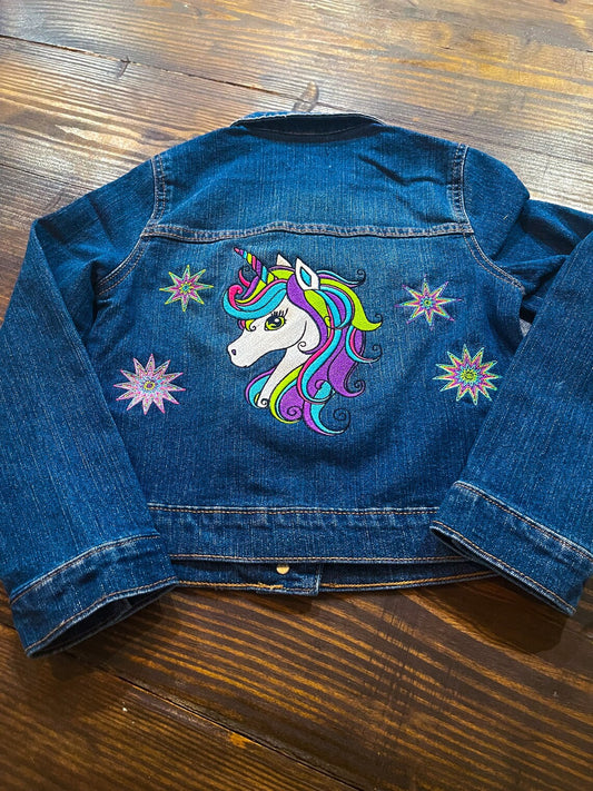 Embroidered Unicorn Rainbow Blue Jean Jacket