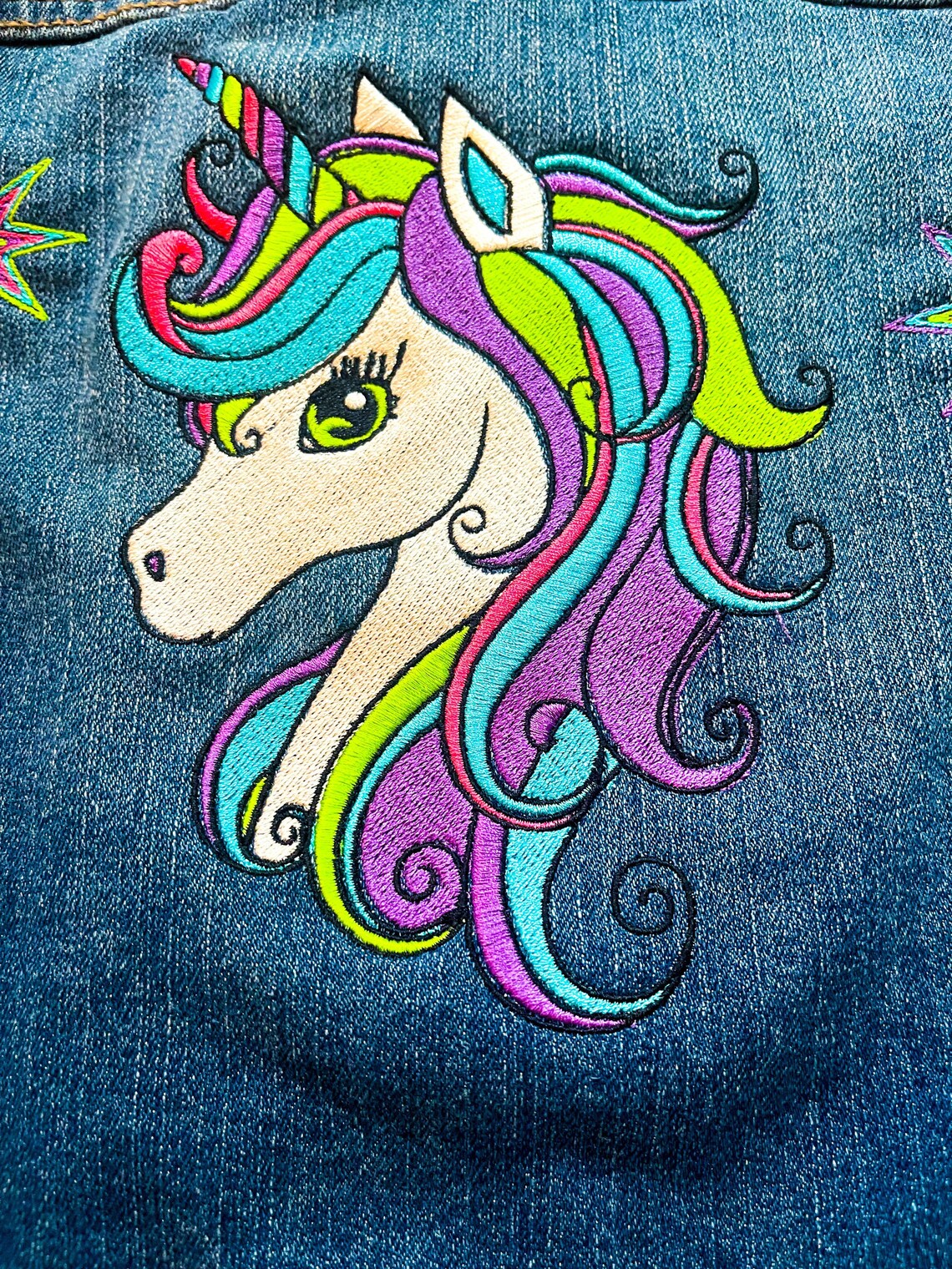 Embroidered Unicorn Rainbow Blue Jean Jacket