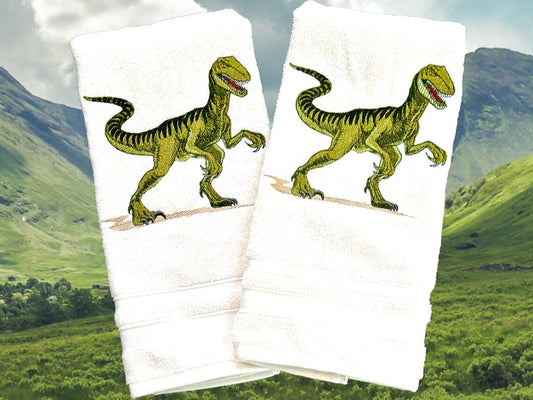 Set of Velociraptor Dinosaur Embroidered Towels