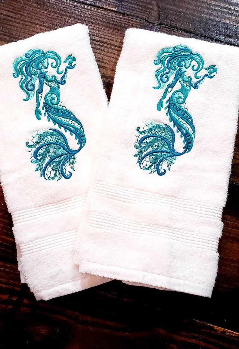 Set of Teal Embroidered Mermaid Towels