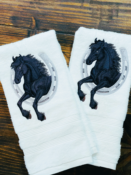 Set of Black Stallion Embroidered Towels